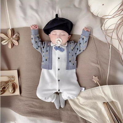 Formal Bowtie Baby Romper & Knit Cardigan Set | PEEK-AH-BOO