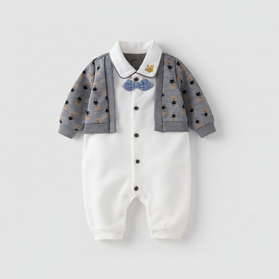 Baby romper with gray cardigan and white shirt on a white background