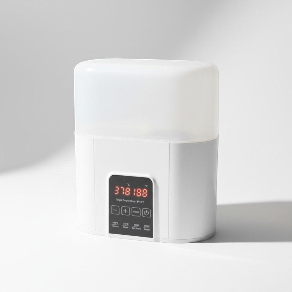 Peek Ah Boo white 4-in-1 baby bottle warmer and sterilizer with digital display and touch controls.
