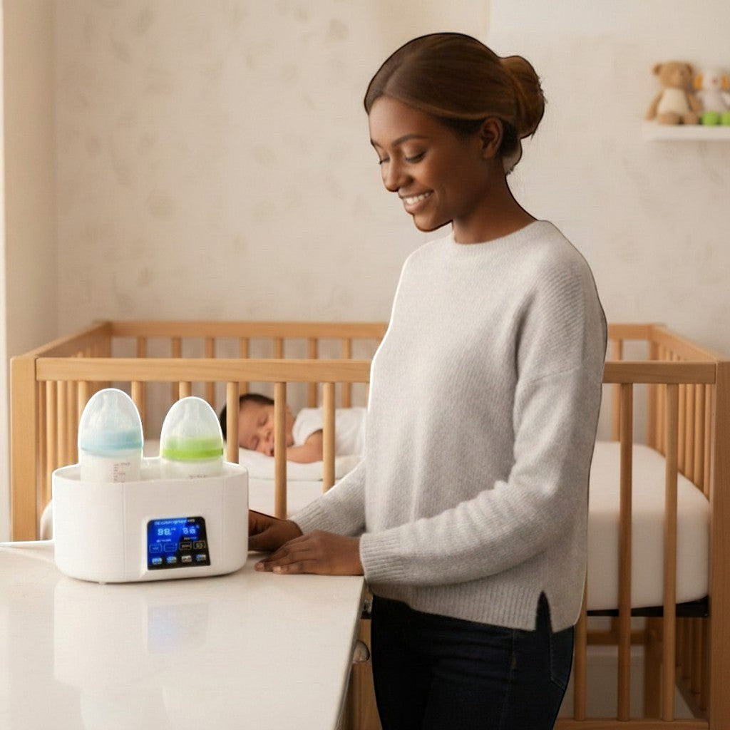 Peek Ah Boo white 4-in-1 baby bottle warmer and sterilizer with two bottles, next to a crib with a sleeping baby.