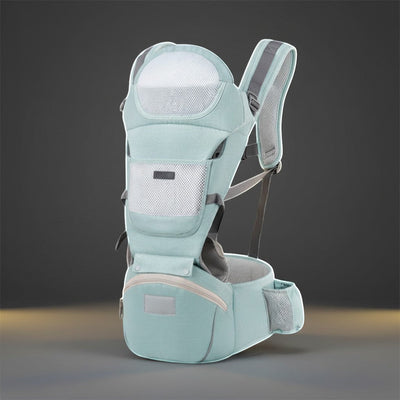 Peek Ah Boo 3-in-1 all-season baby carrier in light blue with ergonomic waist stool and mesh panels for breathability.