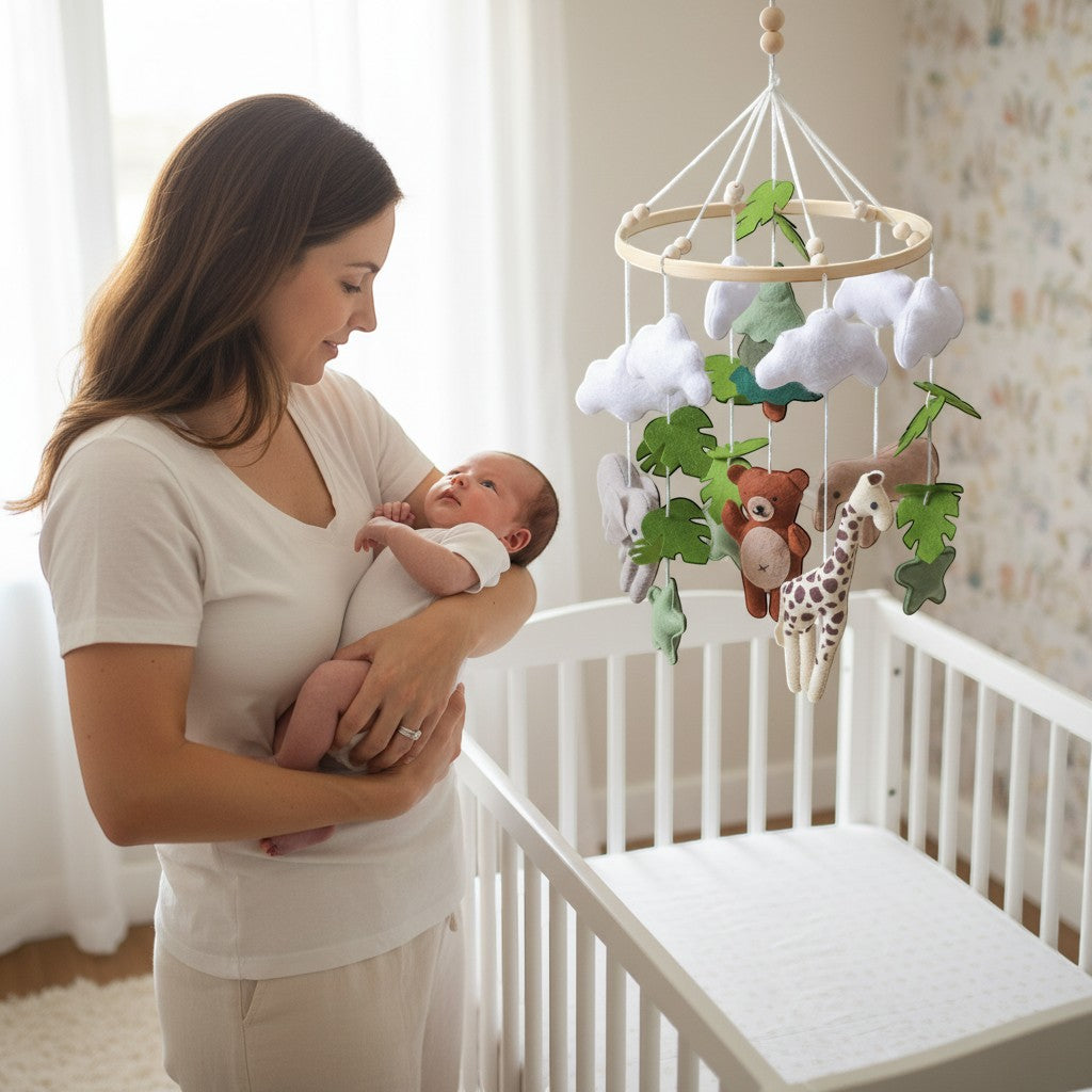 Peek Ah Boo rotating baby crib mobile with felt animals: bear, giraffe, elephant, frog, clouds, and green leaves.
