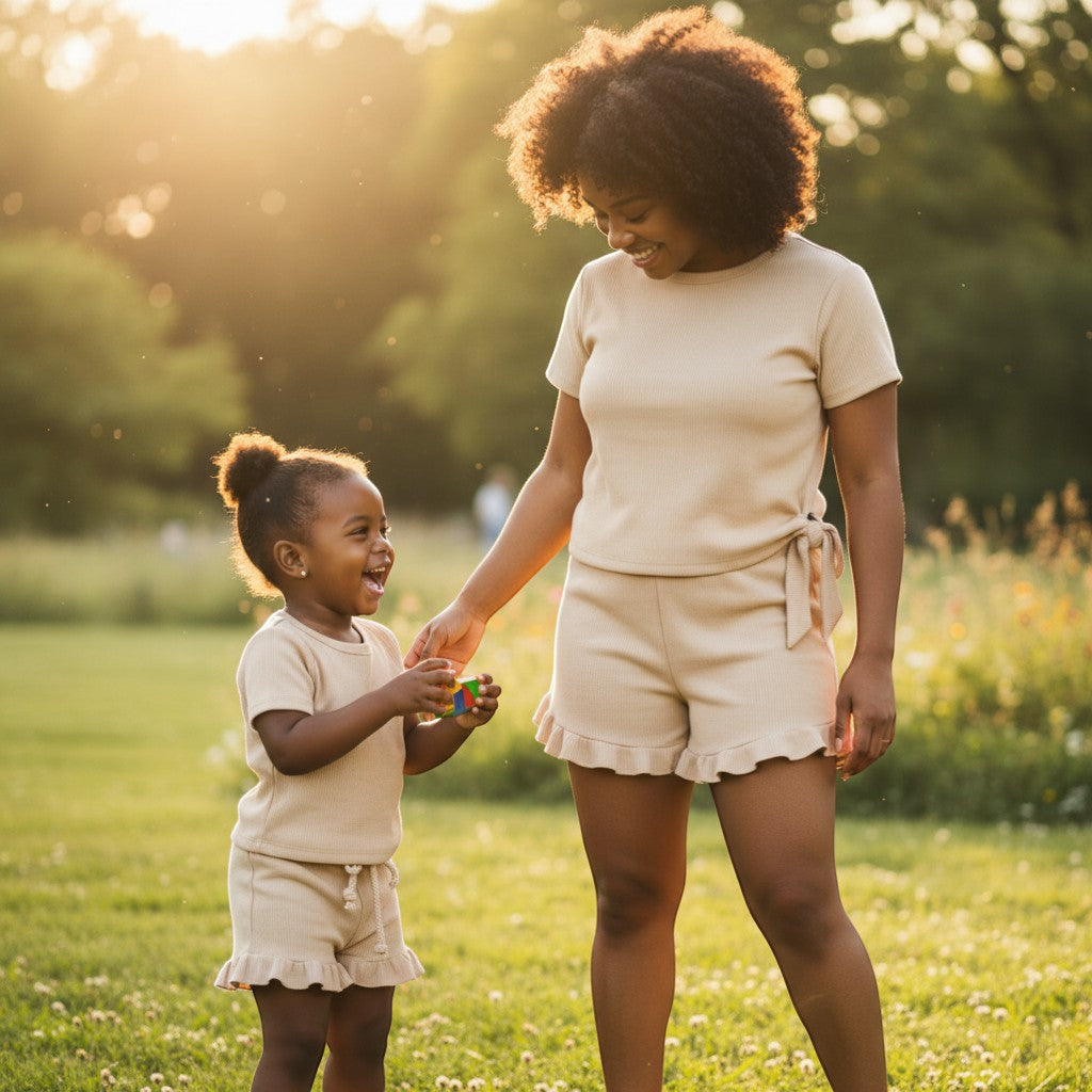 Peek Ah Boo baby girl beige ribbed cotton 2-piece set with ruffle shorts and tie-waist top.