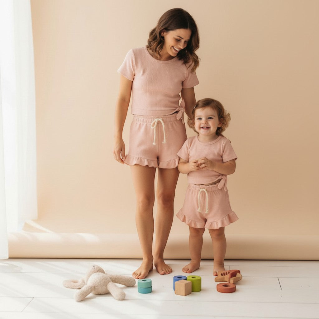 Peek Ah Boo baby girl pink cotton ruffle shorts and tie-front top summer set.