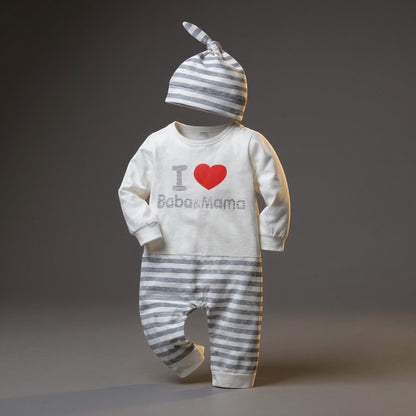 Peek Ah Boo white cotton baby bodysuit and hat set with grey stripes and "I Love Baba & Mama" graphic.
