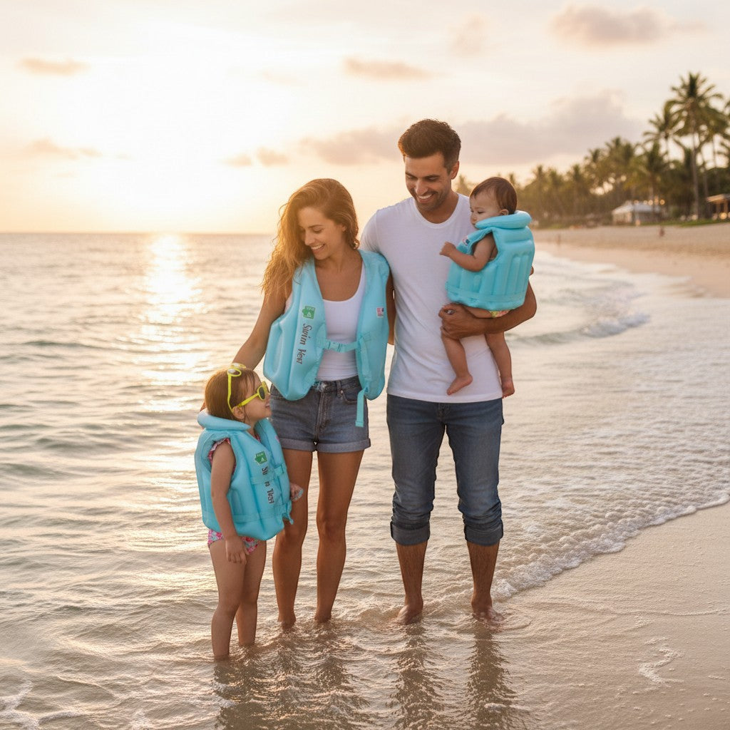 Peek Ah Boo light blue inflatable baby swimming life vest with adjustable safety buckles and triple-chamber buoyancy for water safety.