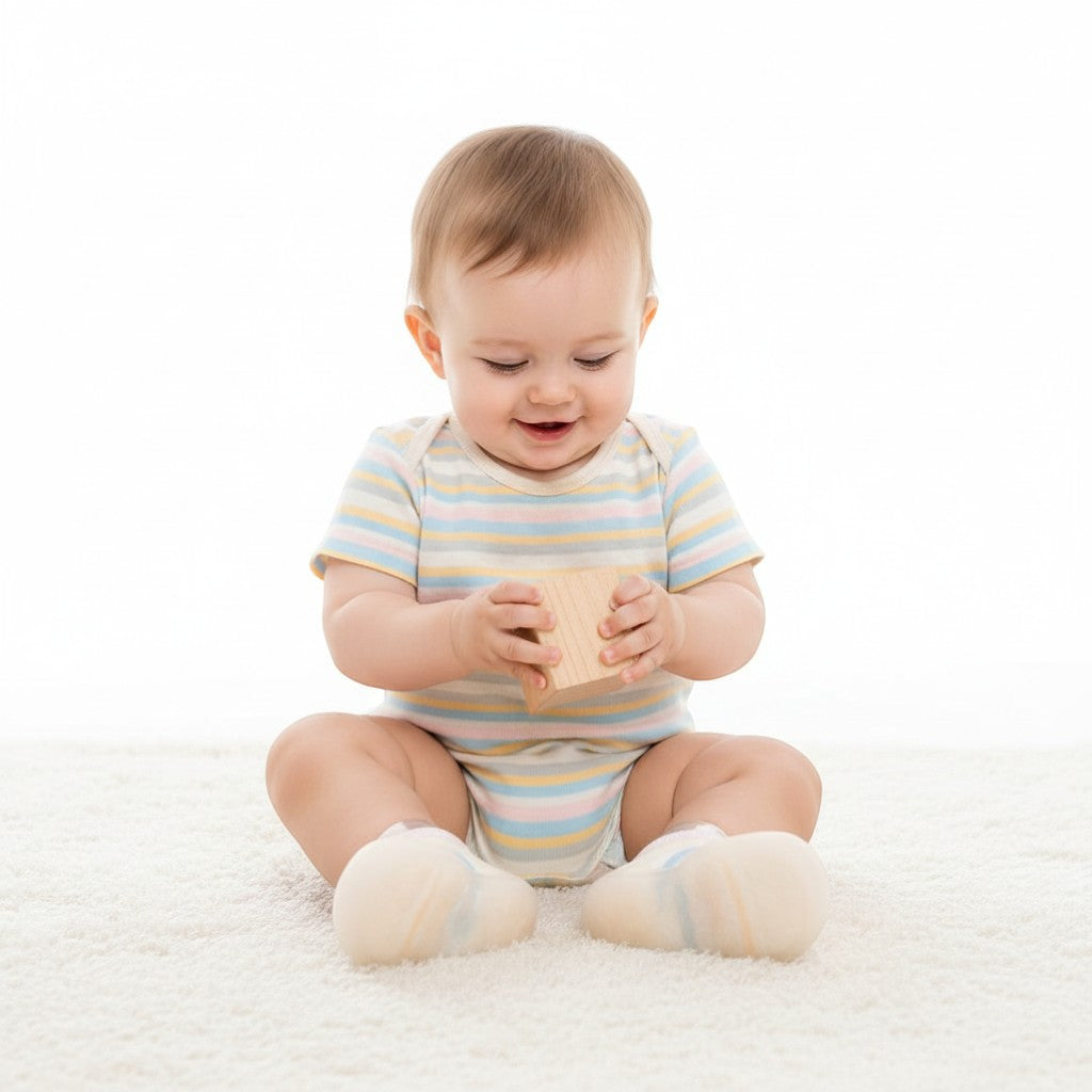Peek Ah Boo baby shoes with transparent knit upper, pastel stripes, and non-slip rubber sole. Ideal for walkers.