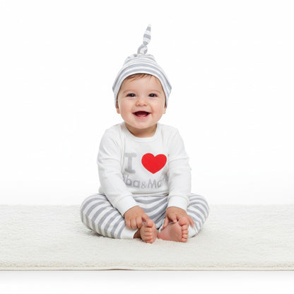 Peek Ah Boo white cotton baby romper with grey stripes and a red heart graphic saying "I Love Baba & Mama". Includes matching knotted beanie.