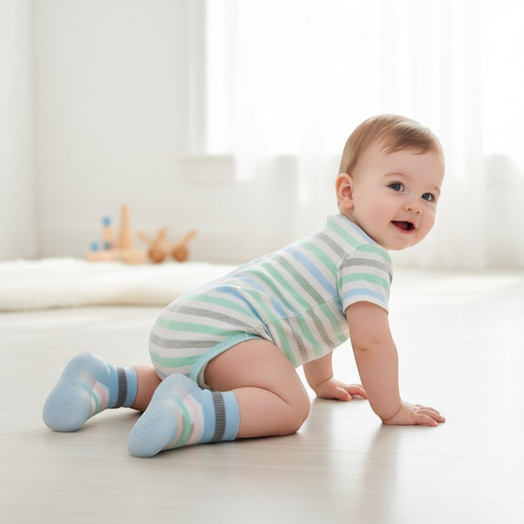 Peek Ah Boo light blue knit baby shoes with grey trim and pastel rainbow stripes, rubber sole.