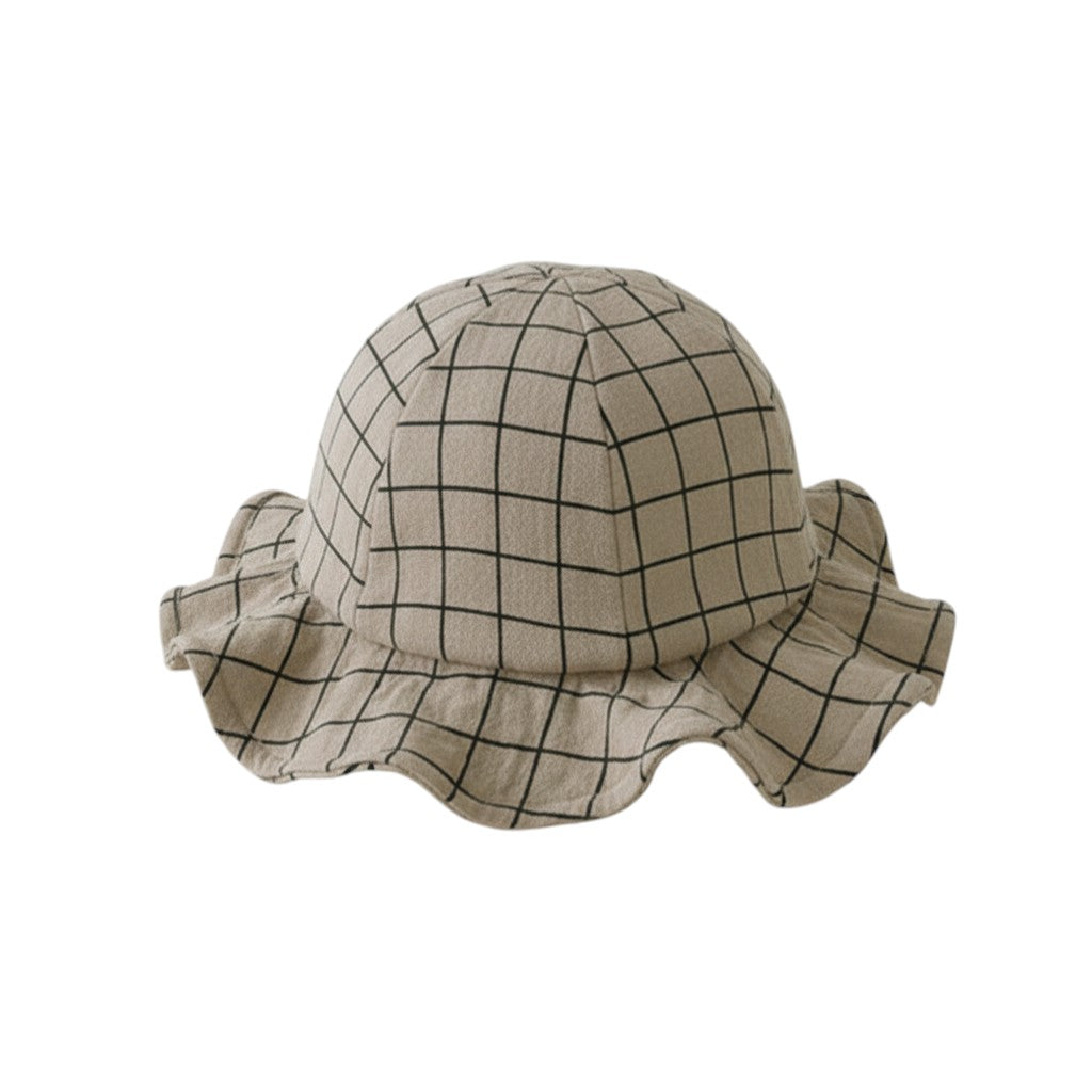 Peek Ah Boo beige linen blend baby sun hat with black grid pattern and wide brim.
