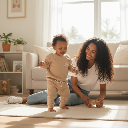 Peek Ah Boo beige organic cotton baby set with long sleeves and rainbow embroidery on chest. Includes drawstring joggers.