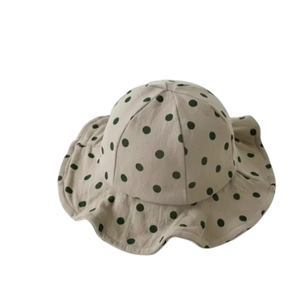 Peek Ah Boo beige baby sun hat with green polka dots and a wide brim for UV protection.