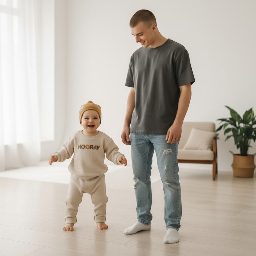Peek Ah Boo beige waffle knit 2-piece baby set with 'HOORAY' graphic on top and matching trousers.