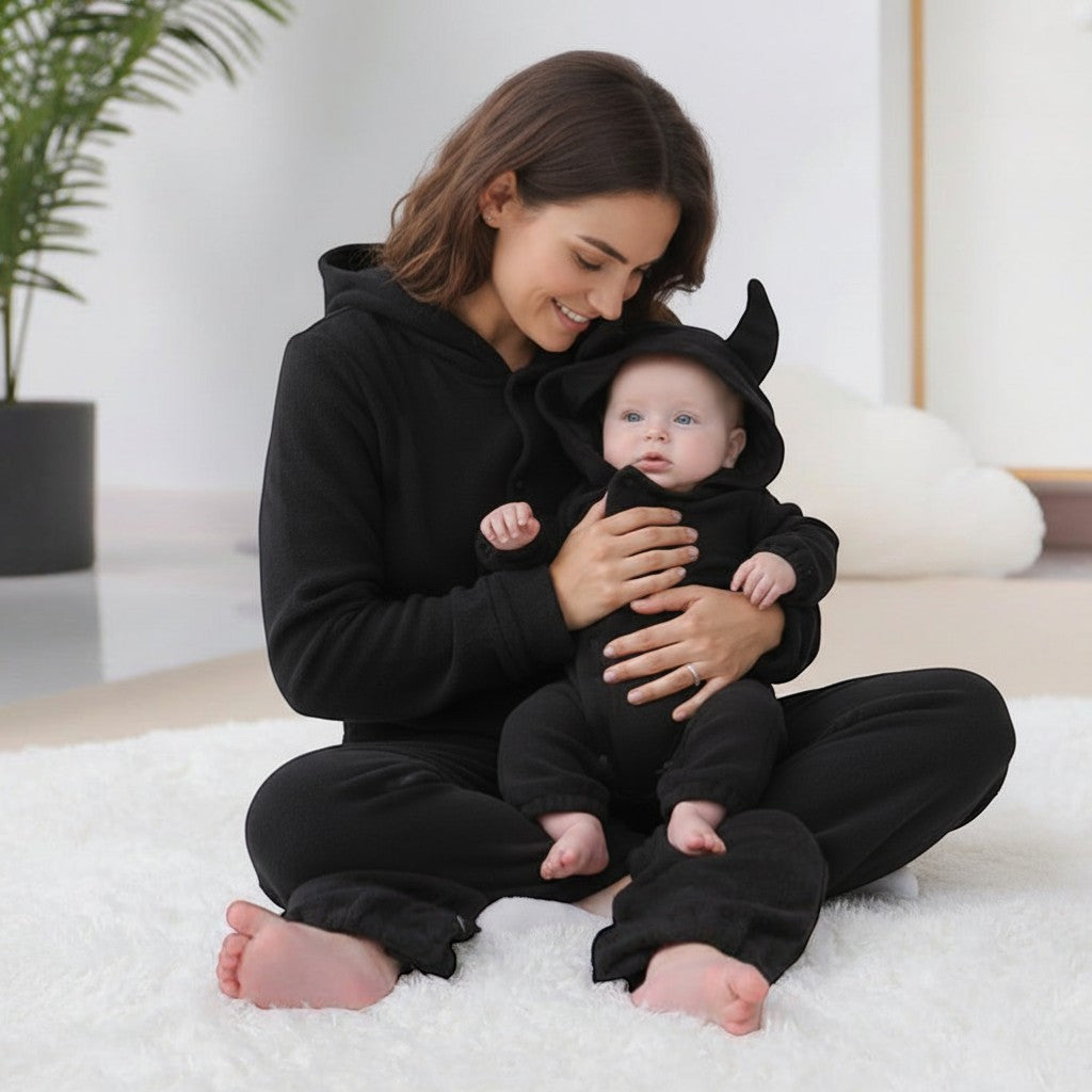 Peek Ah Boo black cotton baby bat onesie with hood and wings, perfect for Halloween.