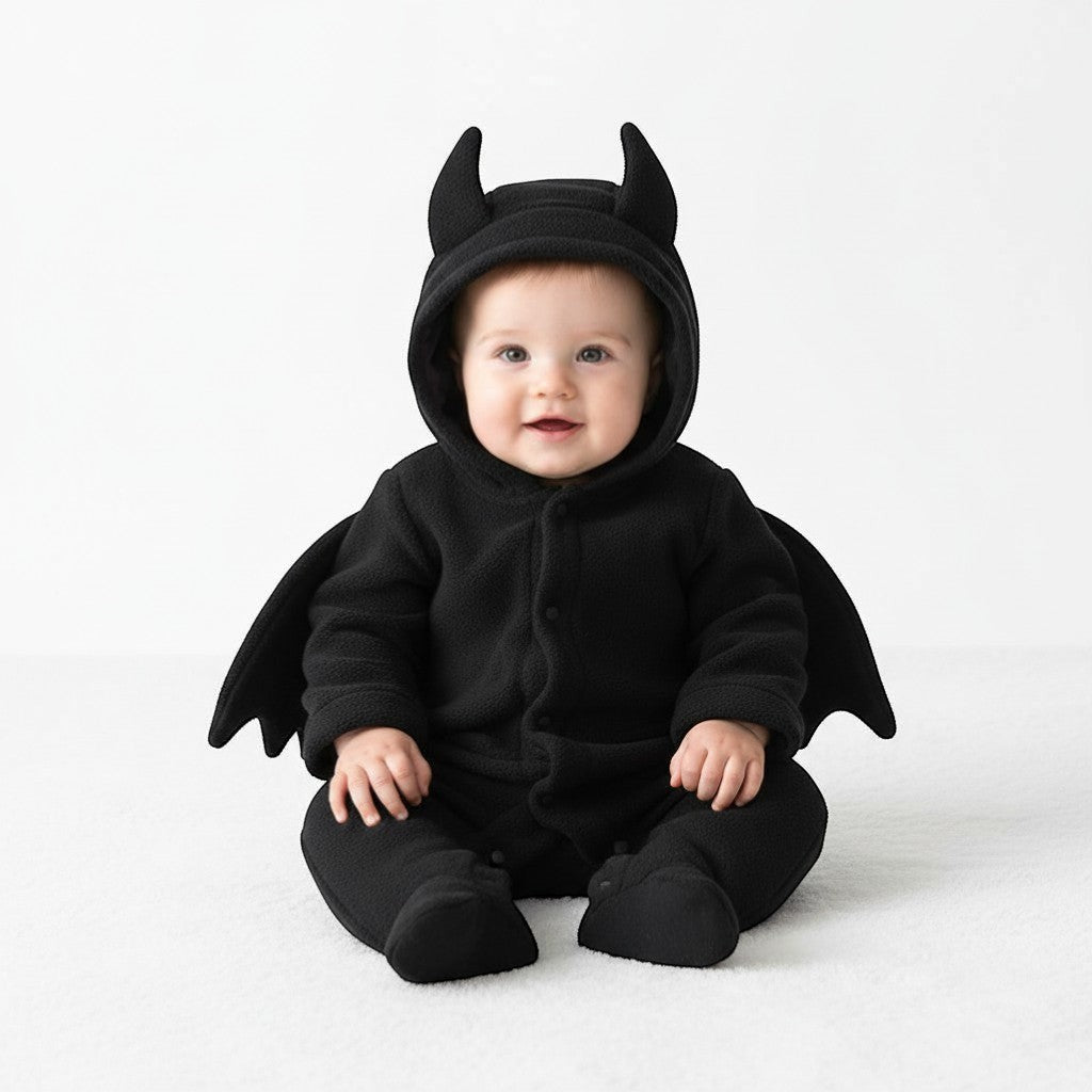 Peek Ah Boo black fleece baby onesie with bat wings and hood, perfect for Halloween. Made from 95% cotton.