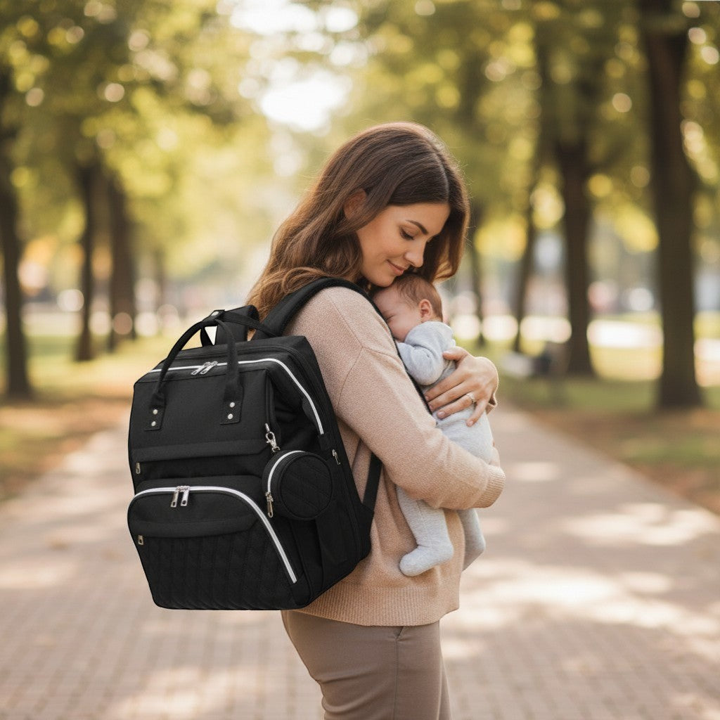 Peek Ah Boo black multifunctional diaper bag backpack with foldable bassinet, insulated pockets, and USB port. Made of durable Oxford cloth.