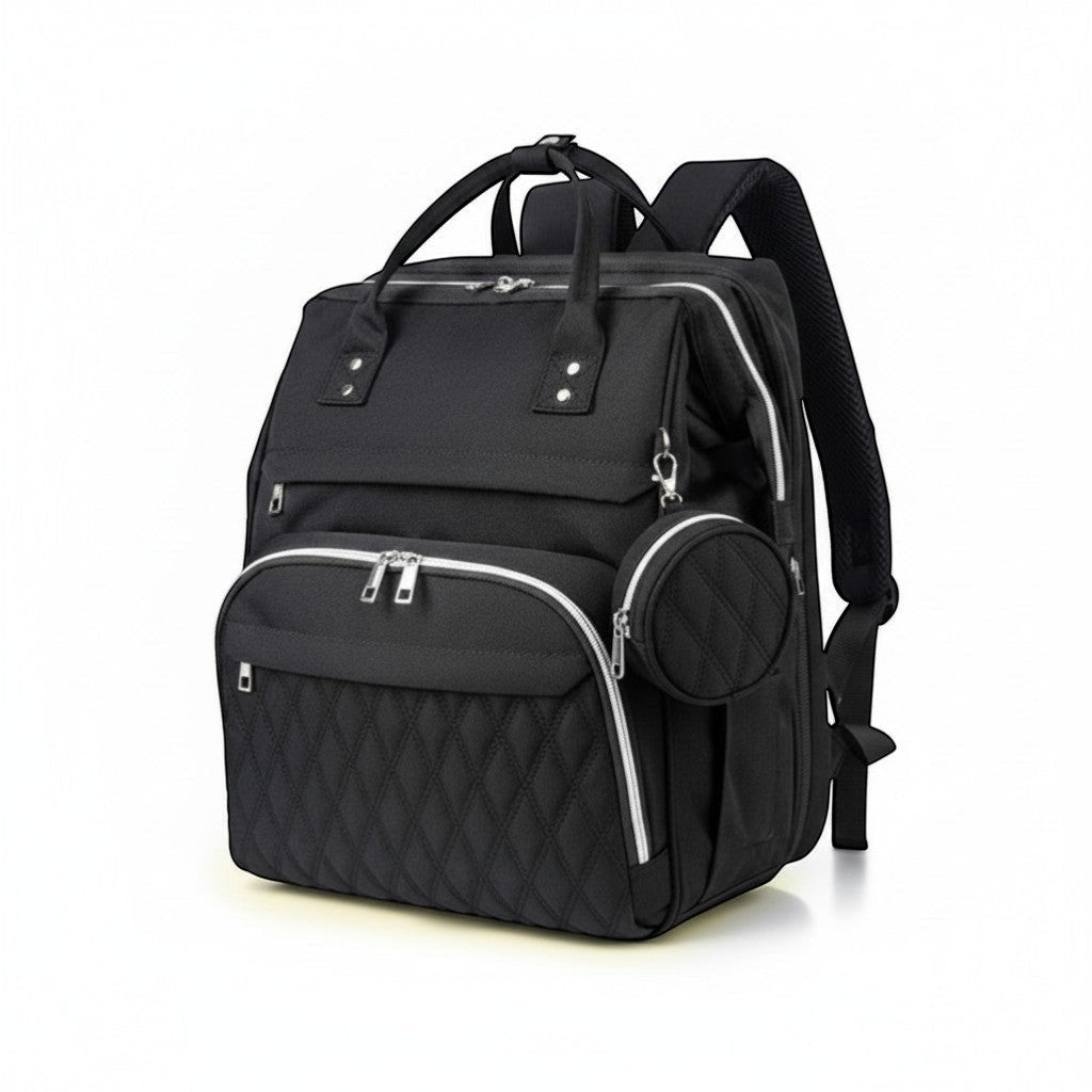 Peek Ah Boo black multifunctional diaper bag backpack with quilted front, USB port, and expandable travel bassinet.