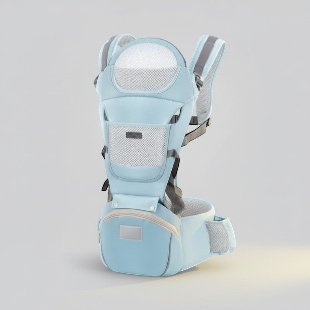 Peek Ah Boo 3-in-1 baby carrier with ergonomic waist stool in light blue breathable cotton and mesh.