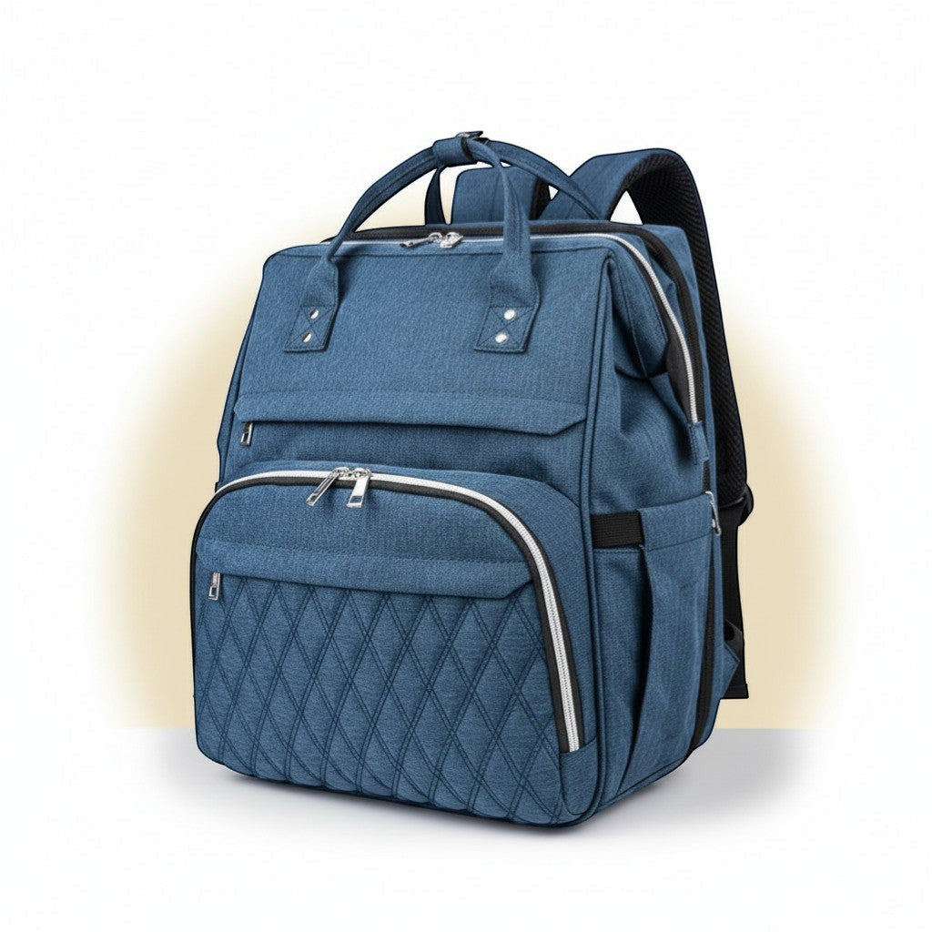 Peek Ah Boo blue 600D Oxford cloth multifunctional diaper bag backpack with foldable bassinet and USB port.