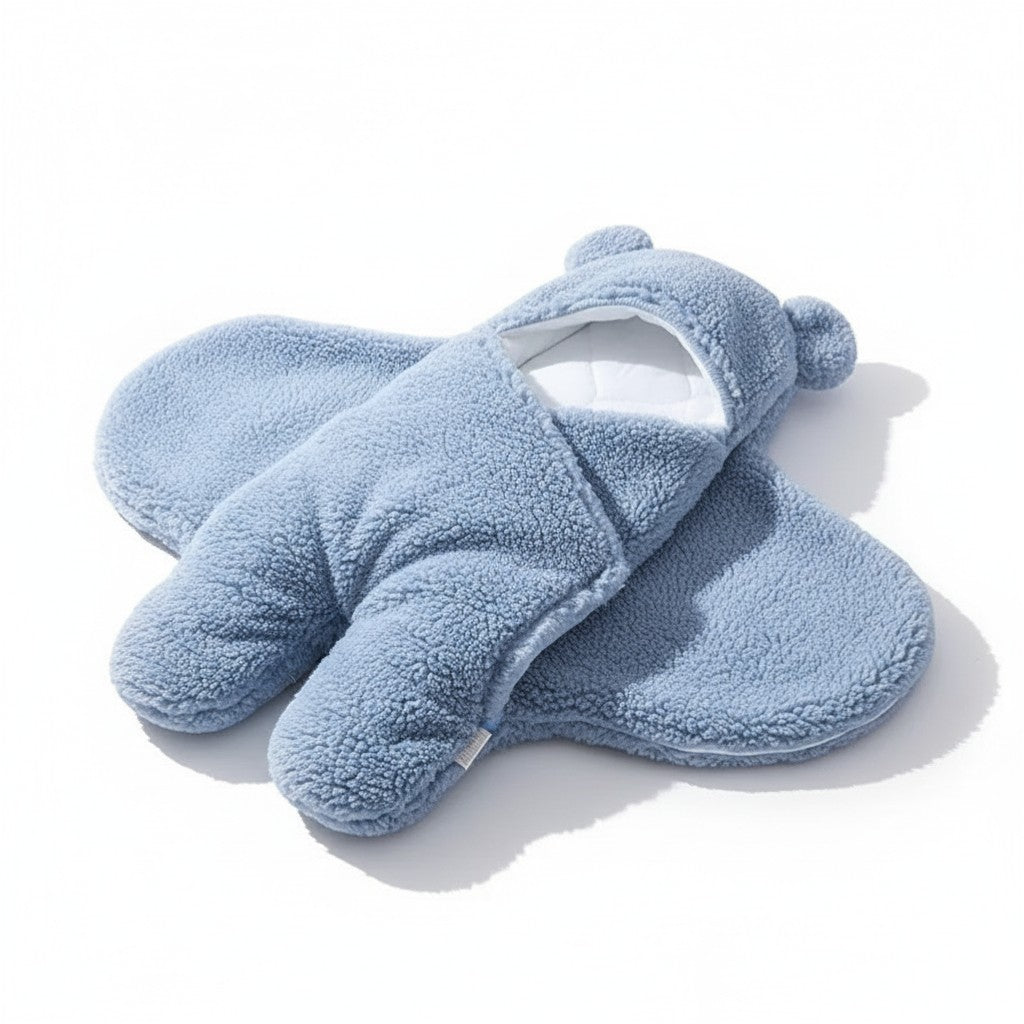 Peek Ah Boo blue plush faux cashmere baby sleeping bag with bear ears, 0-12 months