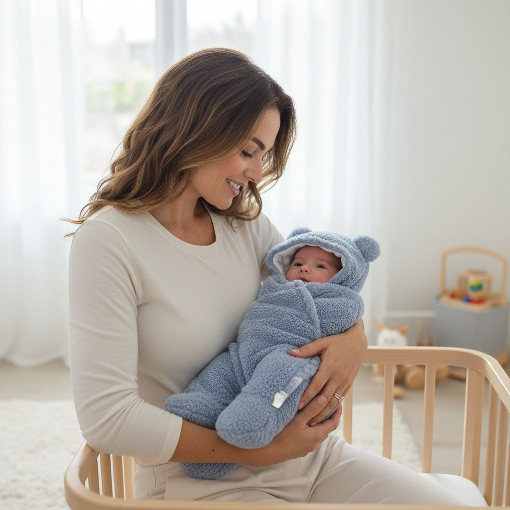 Peek Ah Boo blue plush faux cashmere baby sleeping bag with bear ears, 0-12 months.