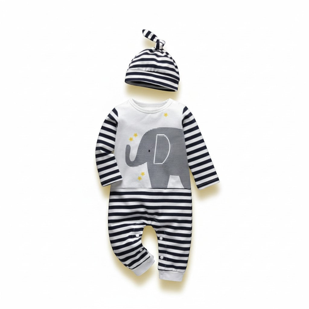 Peek Ah Boo white long-sleeve baby bodysuit with navy striped legs and matching knotted hat, featuring a grey elephant appliqué and yellow stars.