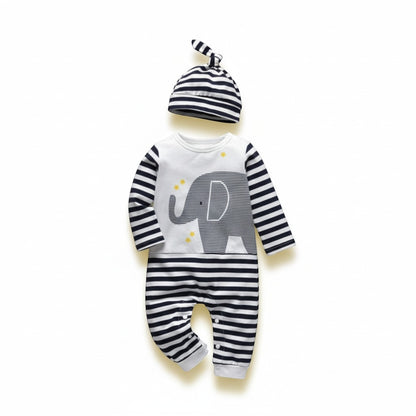 Peek Ah Boo white long-sleeve baby bodysuit with navy striped legs and matching knotted hat, featuring a grey elephant appliqué and yellow stars.