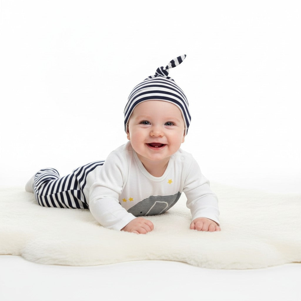 Peek Ah Boo white cotton baby bodysuit and beanie set with navy stripes and elephant appliqué.