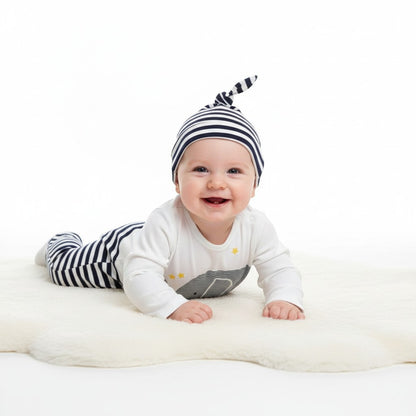 Peek Ah Boo white cotton baby bodysuit and beanie set with navy stripes and elephant appliqué.