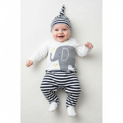 Peek Ah Boo white cotton baby bodysuit and hat set with navy stripes and elephant appliqué.