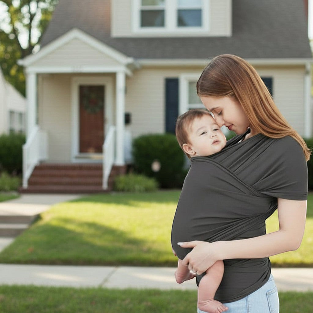 Peek Ah Boo dark grey ergonomic baby wrap carrier made of soft, breathable fabric for hands-free travel.