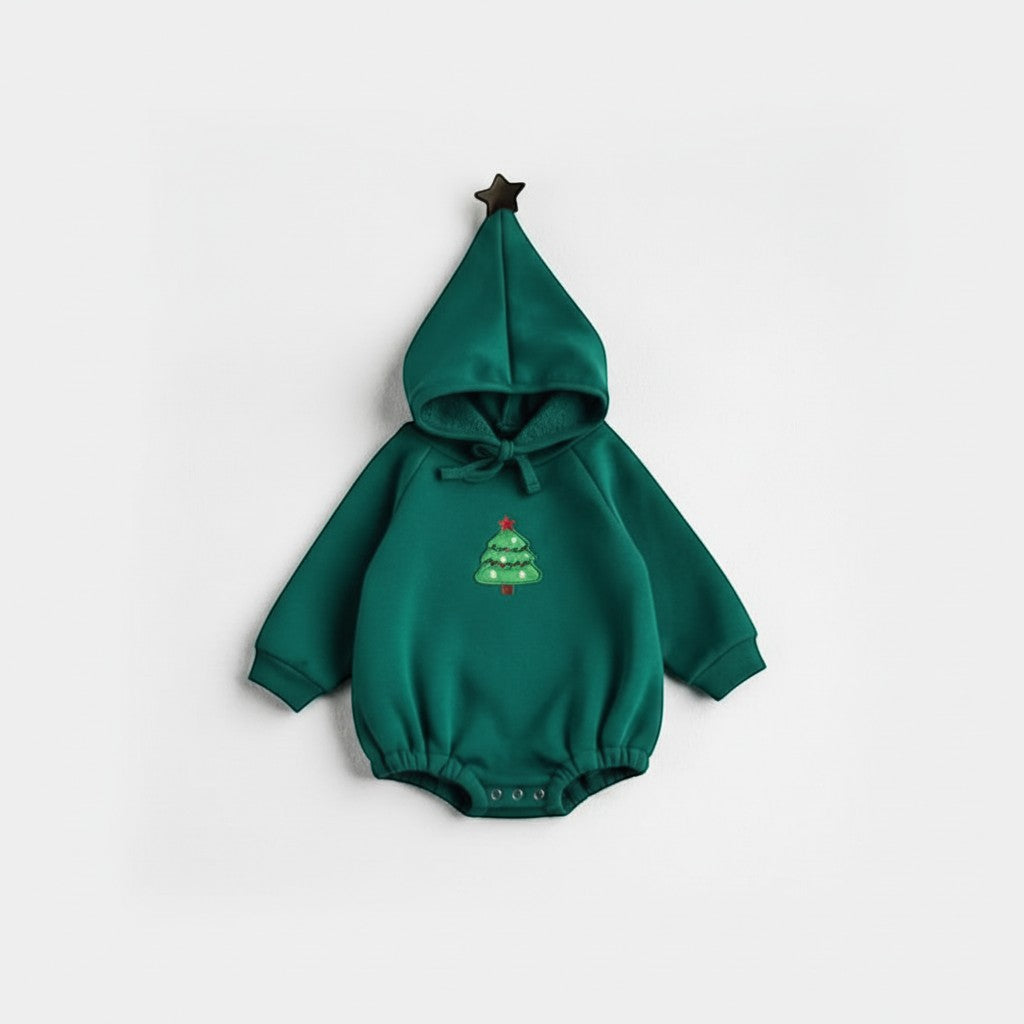 Peek Ah Boo green Christmas tree embroidered baby hoodie one-piece with snap closure. Soft cotton blend.