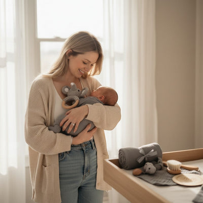 Peek Ah Boo grey 6-piece baby gift set with organic cotton swaddle, crochet elephant rattle, wooden brush, and milestone disc.
