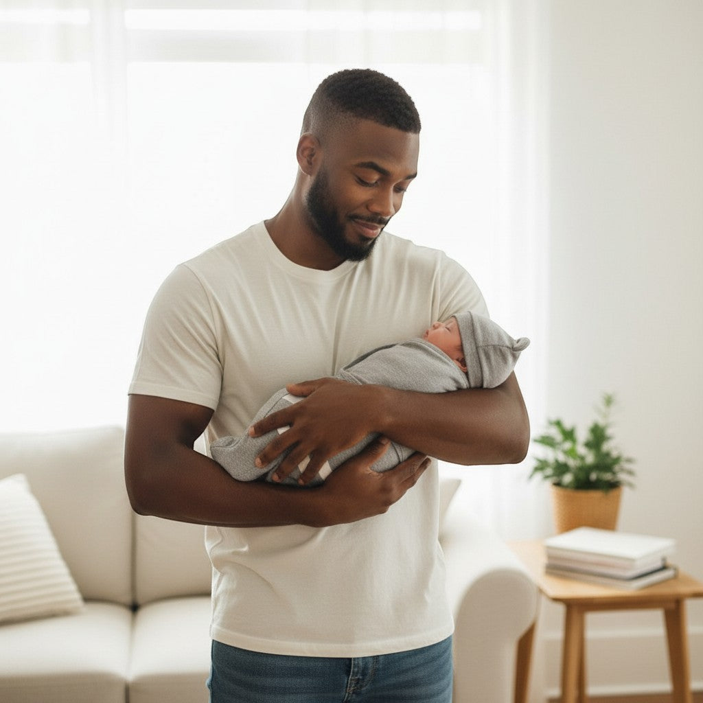 Peek Ah Boo grey cotton baby swaddle blanket with matching hat featuring bear ears. Includes striped inner layer.