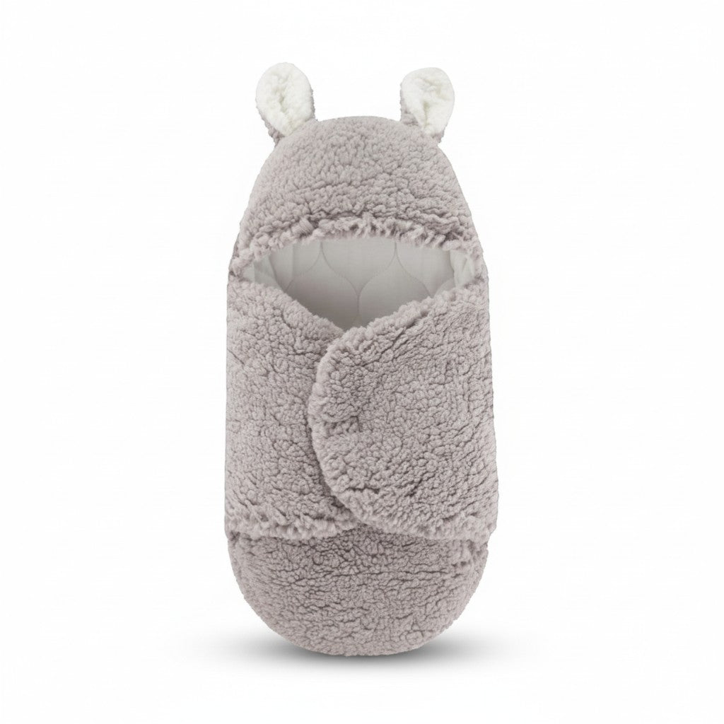 Peek Ah Boo grey plush faux cashmere baby sleeping bag with bear ears, 0-12 months