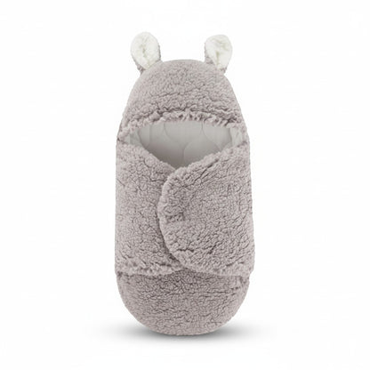 Peek Ah Boo grey plush faux cashmere baby sleeping bag with bear ears, 0-12 months