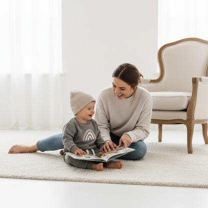 Peek Ah Boo grey ribbed cotton baby tracksuit with rainbow detail. Long-sleeve sweatshirt and cozy pants.