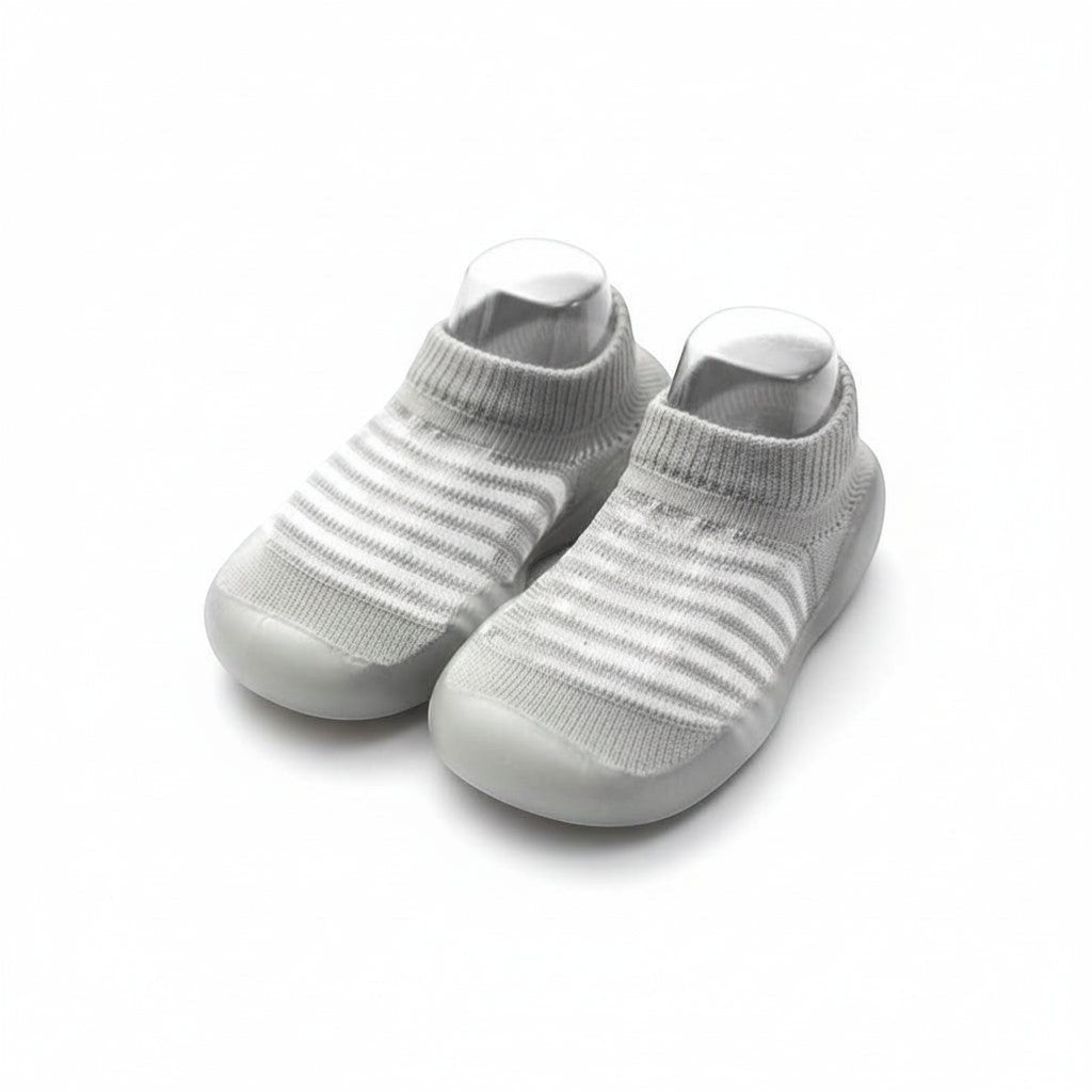 Peek Ah Boo grey and white striped knit rubber baby shoes with non-slip sole.