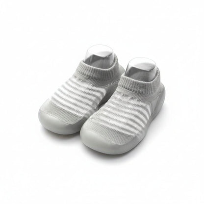 Peek Ah Boo grey and white striped knit rubber baby shoes with non-slip sole.