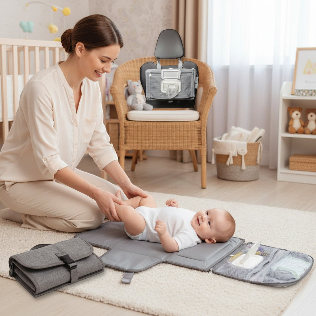 Peek Ah Boo grey portable waterproof diaper changing pad with built-in pillow, organizer pockets, and wipes dispenser.
