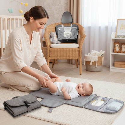 Peek Ah Boo grey portable waterproof diaper changing pad with built-in pillow, organizer pockets, and wipes dispenser.