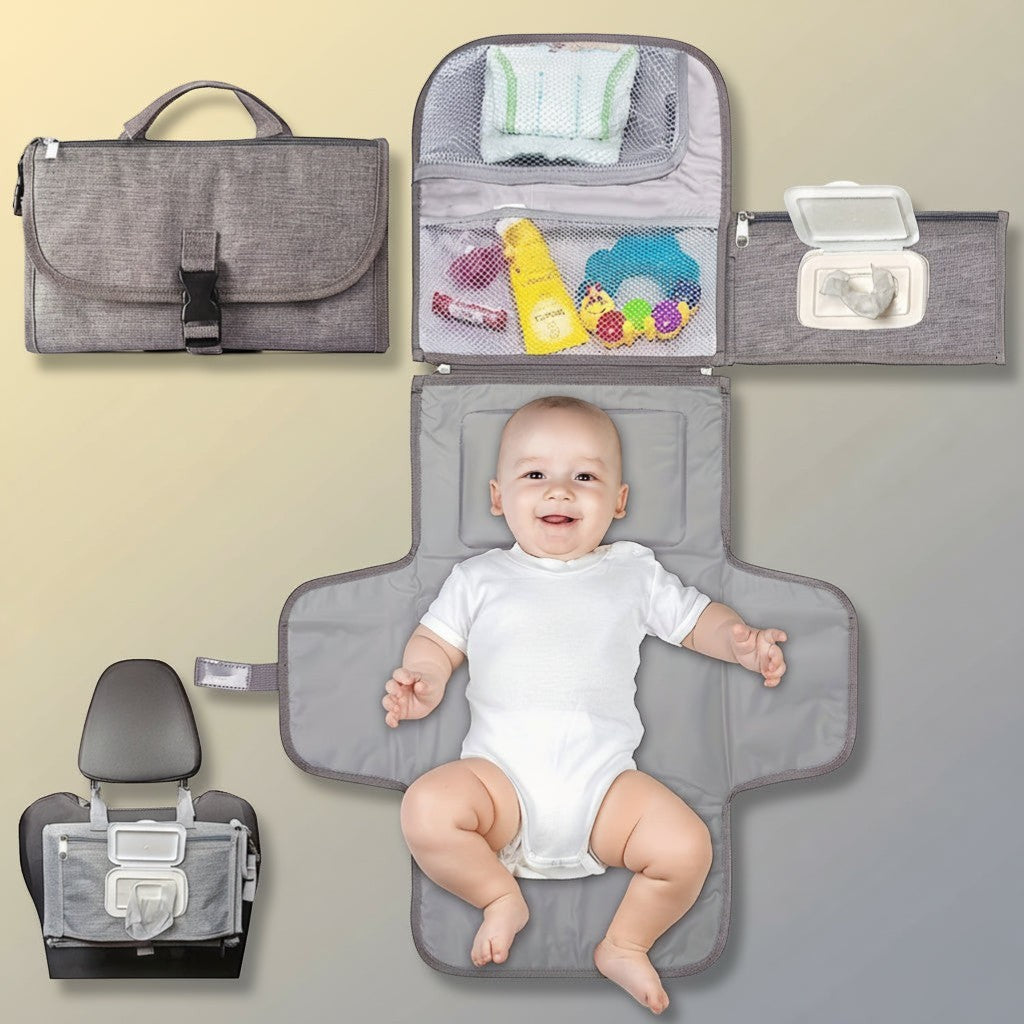 Peek Ah Boo grey portable waterproof diaper changing pad with built-in pillow and organizer pockets.