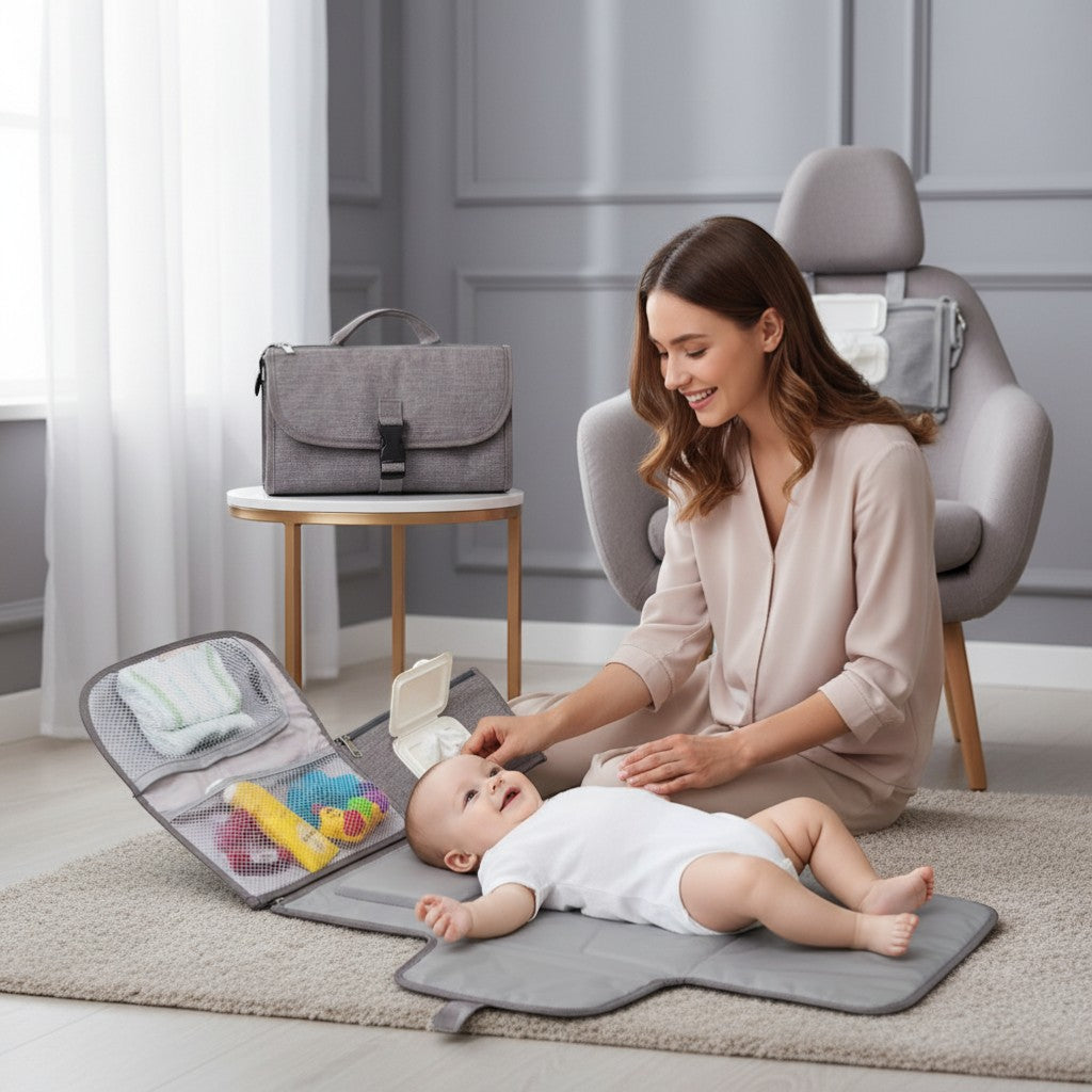 Peek Ah Boo grey portable waterproof diaper changing pad with built-in pillow and organizer pockets.