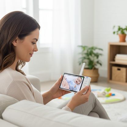Peek Ah Boo HD Wireless Baby Monitor with 5.0" screen, crying detection, and temperature monitoring. Shows a happy baby in blue.