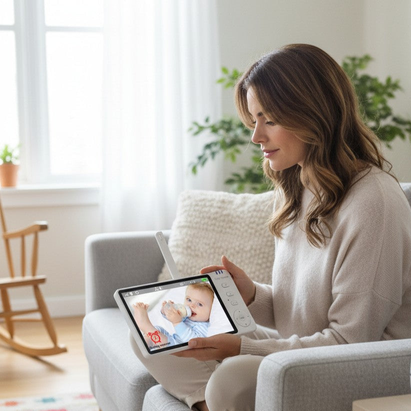 Peek Ah Boo HD Wireless Baby Monitor with 5-inch screen, camera, crying detection, and temperature monitoring.