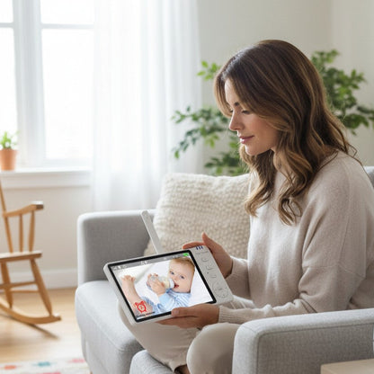 Peek Ah Boo HD Wireless Baby Monitor with 5-inch screen, camera, crying detection, and temperature monitoring.