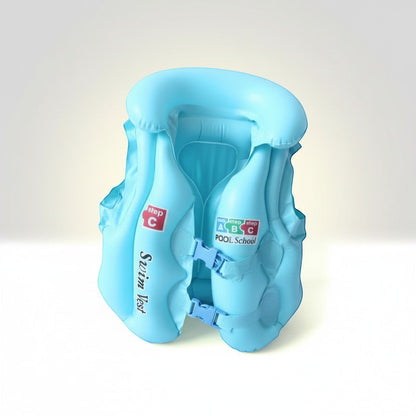 Peek Ah Boo light blue inflatable baby swimming life vest with adjustable safety buckles and 'Swim Vest' text.