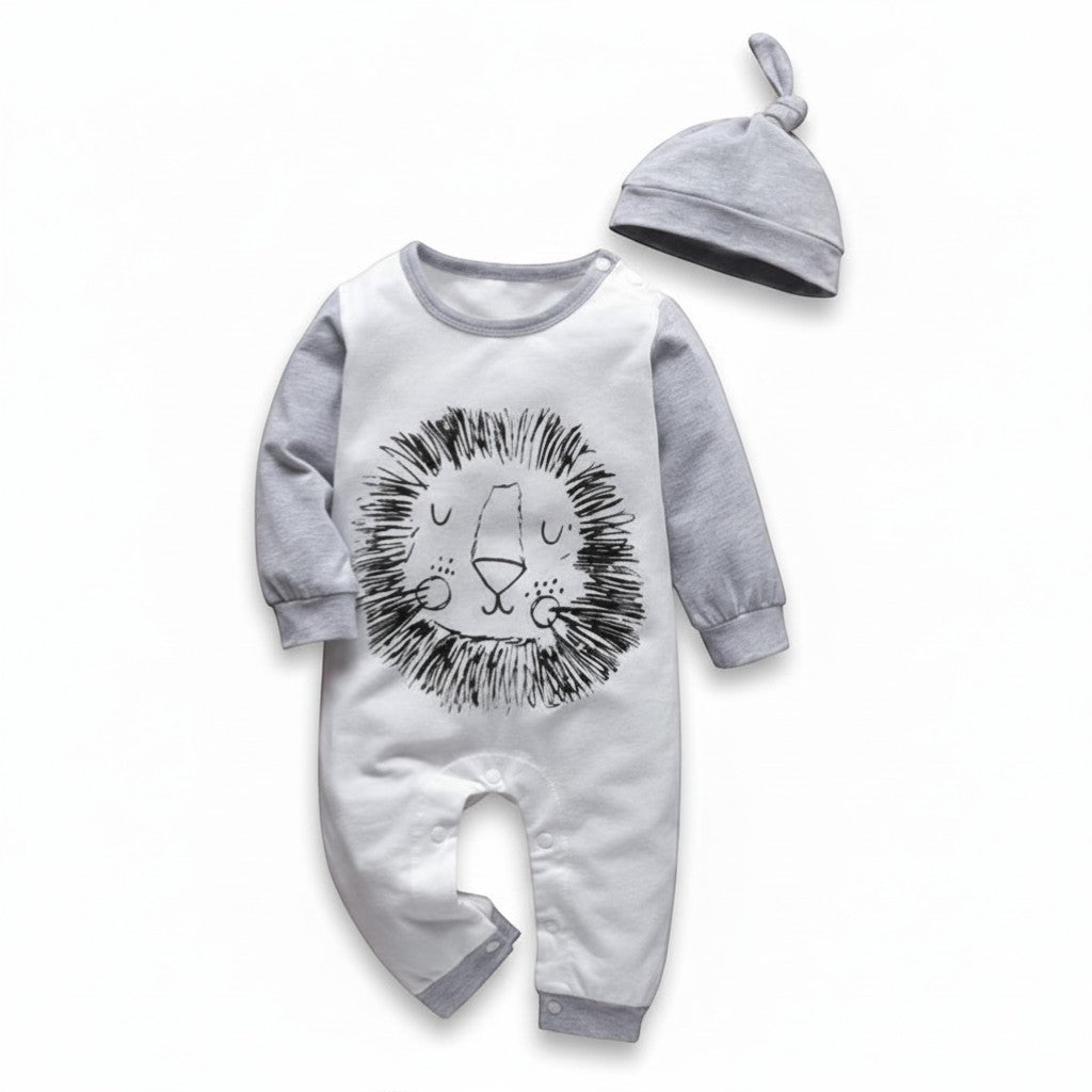 Peek Ah Boo white and grey cotton baby romper with lion print and matching knot beanie.