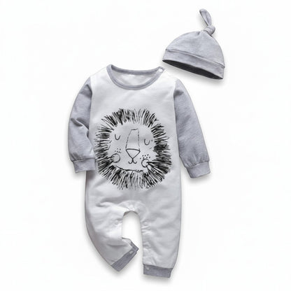 Peek Ah Boo white and grey cotton baby romper with lion print and matching knot beanie.