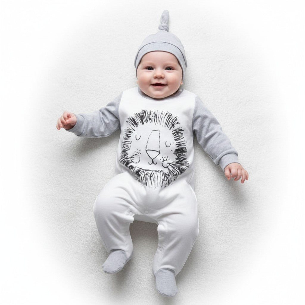 Peek Ah Boo white and grey cotton baby romper with lion print and matching knot beanie.